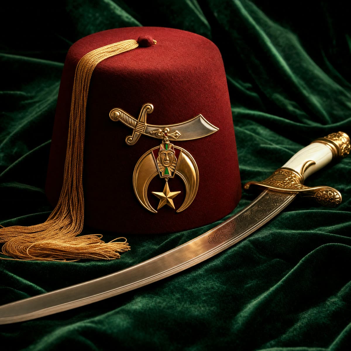 Shriner fez with gold tassel and scimitar-and-crescent emblem resting on green velvet